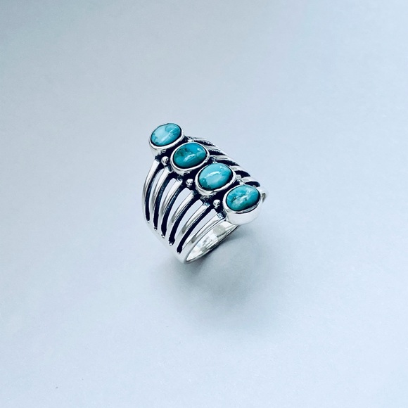 Sterling Silver 4 Round Genuine Turquoise Ring, Statement Rings, Stone Ring - Picture 2 of 13